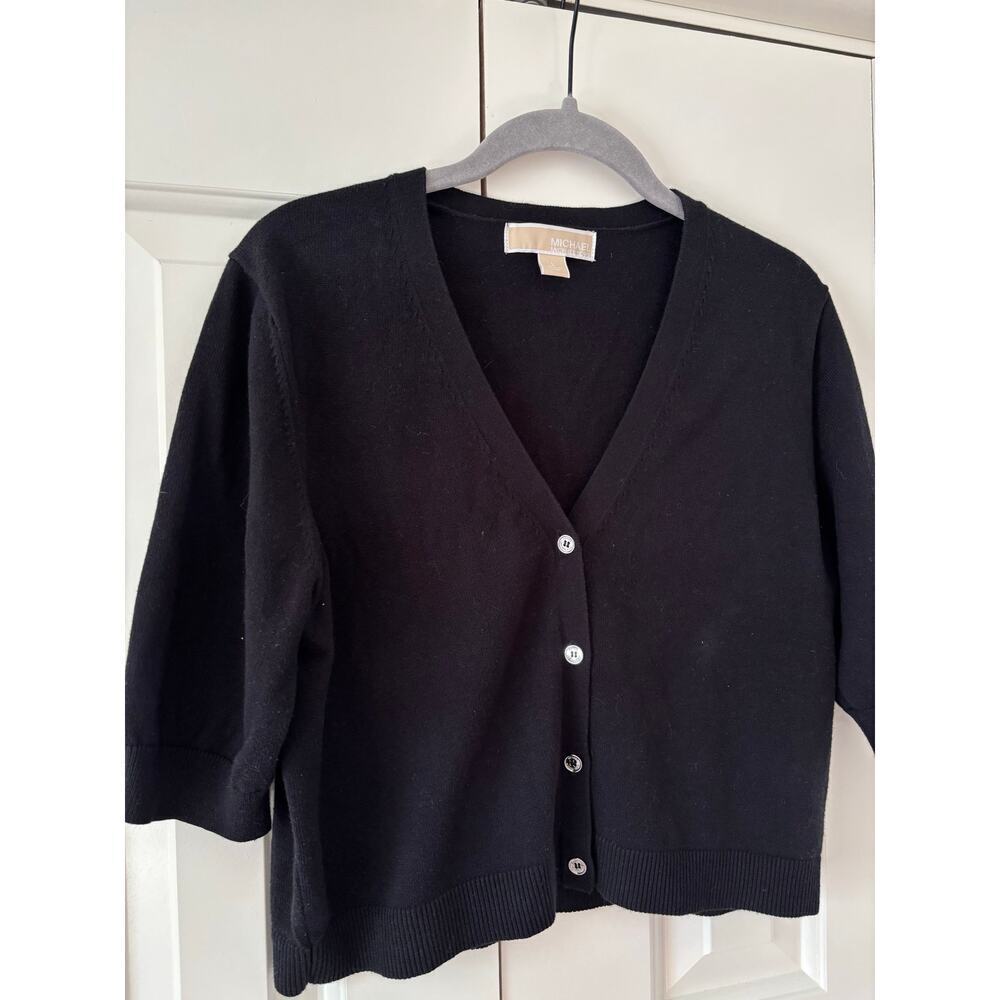 Michael Kors Cardigan Womens Large Black 3/4 Sleeve Button Front Knit Sweater - Picture 3 of 6